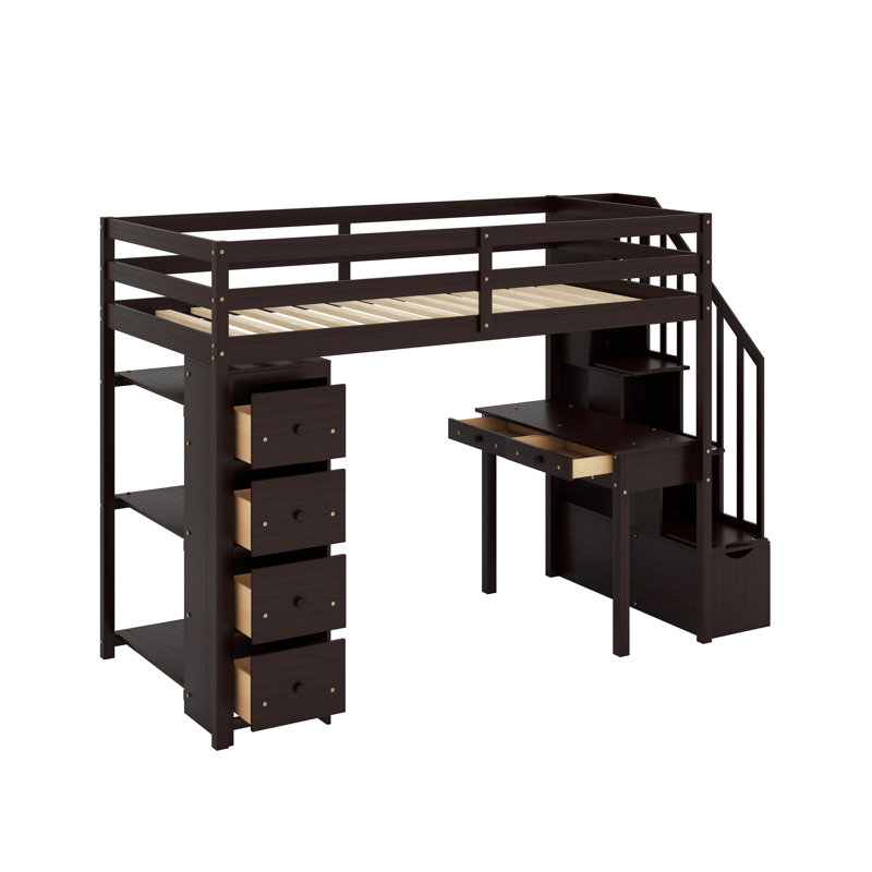 Twin Loft Bed With Drawers,Desk And Stairs, Espresso