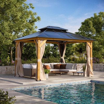 11x13 FT Hardtop Gazebo, Heavy-Duty Wood Pavilion with Double Roof Design, UV Protection Curtains & Hanging Hooks, All-Weather Outdoor Shelter