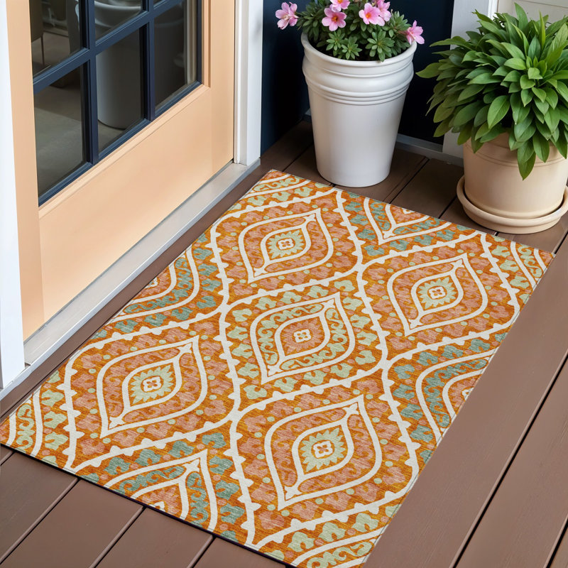 Tapis extérieur lavable à motif floral orange pêche / ivoire 3 pi x 5 pi