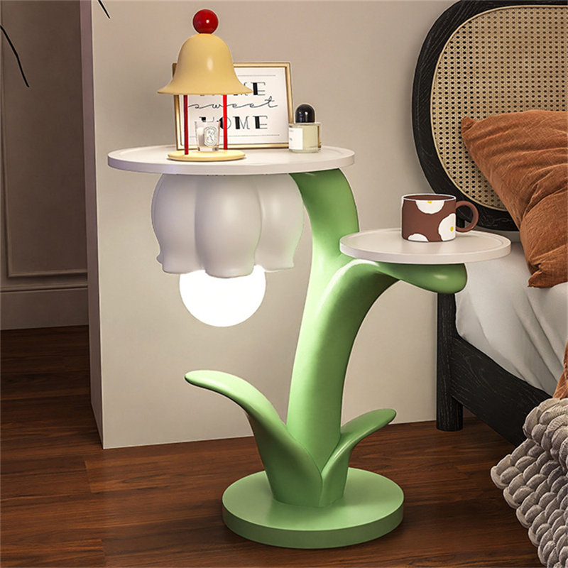 Round Flower Shaped End Table with Built-in LED Light, Modern Accent Side Table for Living Room, Bedroom, Office