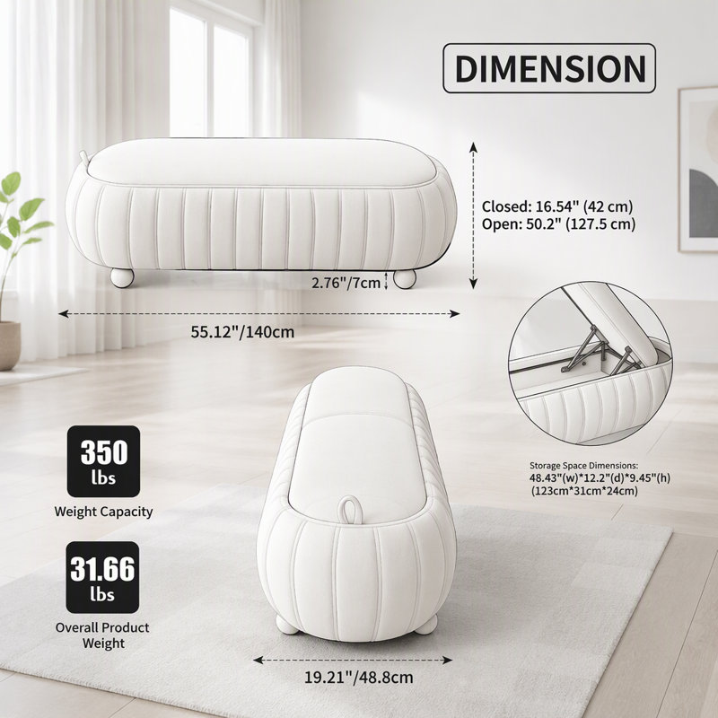 Banc de rangement rembourré à rabat de 55,25 po avec repose-pieds en chenille et pieds en bois d'hévéa, Beige