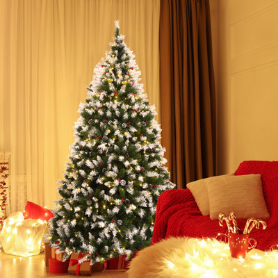 Arbre de Noël vert floqué en PVC artificiel avec 8 modes d'éclairage DEL et pommes de pin