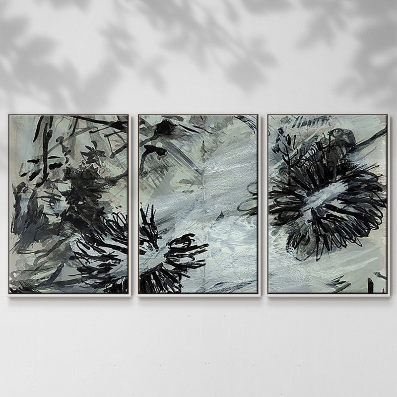 Noir et blanc chinois I - 3 pièces avec cadre flottant, H 36 po x l 75 po x P 2 po, Blanc