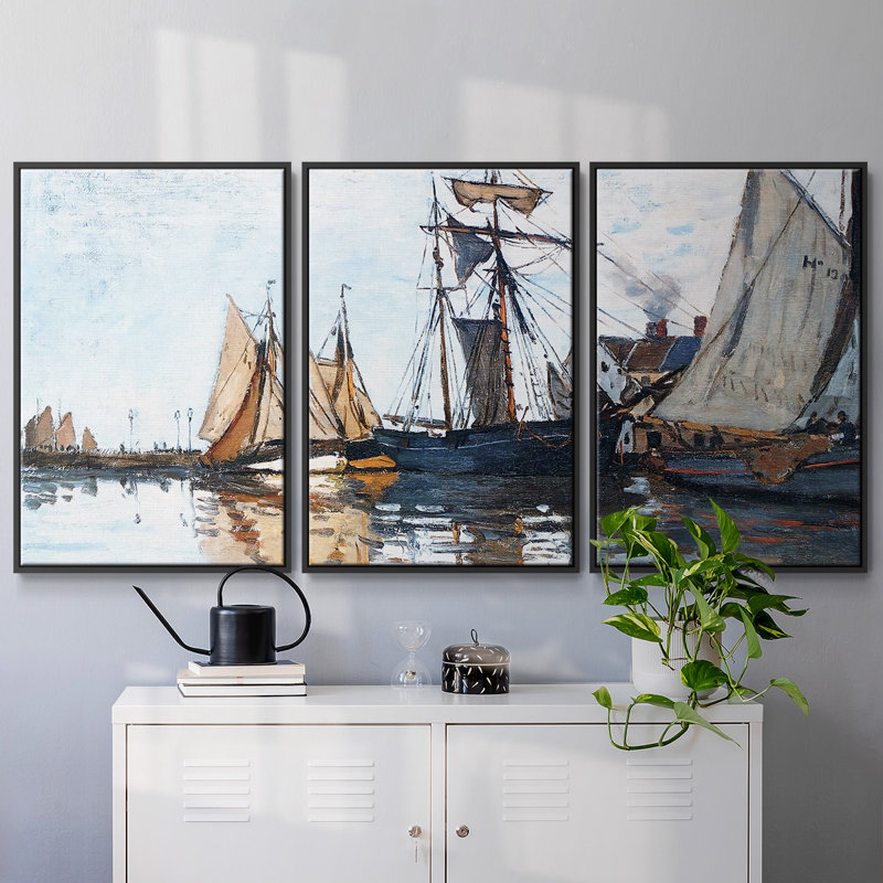 Bateaux dans le port de Honfleur, 1866, reproduction sur toile 3 pièces, H 40 po x l 78 po, Cadre noir