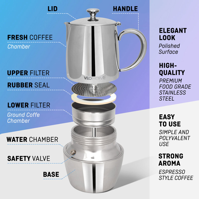 VeoHome Stovetop Espresso Coffee Maker - Moka pot - Multi-Stove Stainless Steel Induction Moka Pot (300 mL)