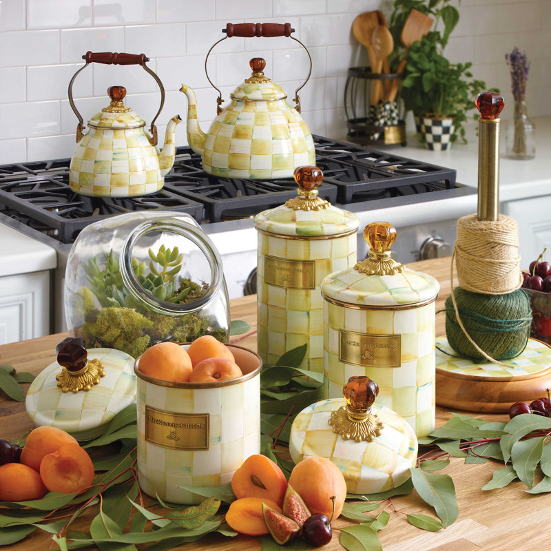 Parchment Check Large Enamel Canister with Amber Glass Knob