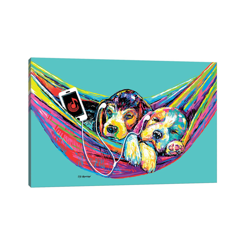 Couple hamac turquoise par P.D. Moreno - peinture sur toile tendue, H 18 po x l 26 po x P 1,5 po