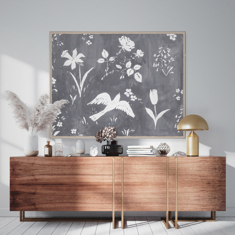 «Flower Garden Gris» par Paule Marrot - reproduction imprimée, Boîte en acrylique, H 44 po x l 56 po x P 1,25 po