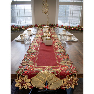Chemin de table à paillettes dorées et cloches de Noël sur fond rouge, 14 x 90 pouces (35,5 x 229 cm)