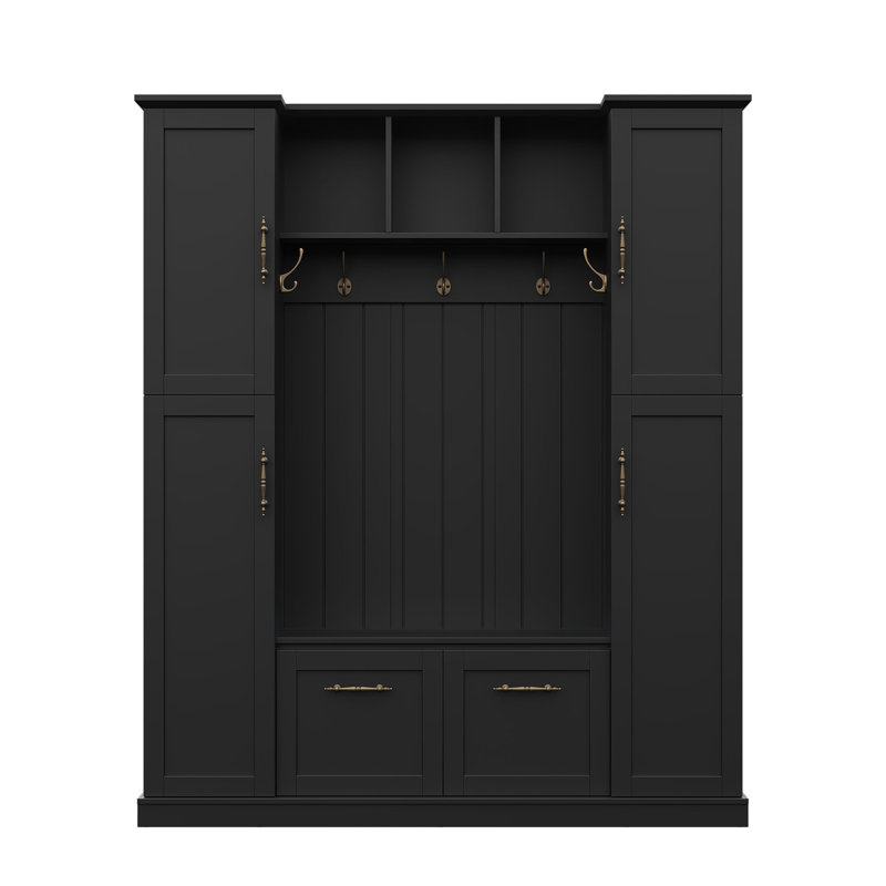 Farmhouse Elegant Hall Tree with 4 Side Cabinets, All-in-One Mudroom Furniture with Adjustable Shelves & Open Cubbies, Beadboard Entryway Bench with Coat Rack & 5 Hooks for Hallway