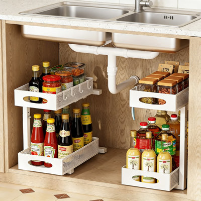 2-Tier Pull Out Cabinet Organizer, Under Sink Organizer With Adjustable Height For Kitchen And Bathroom Storage, White (2-Pack)
