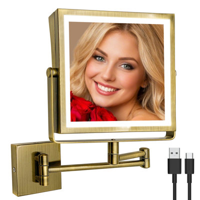  Rechargeable Wall Mounted Makeup Mirror with Lights, Double Sided 1X/10X Magnifying Vanity Mirror with 3 Color Light, Touch Screen Dimmable, 360° Rotation Extension Foldable Arm(Brushed Nickel)