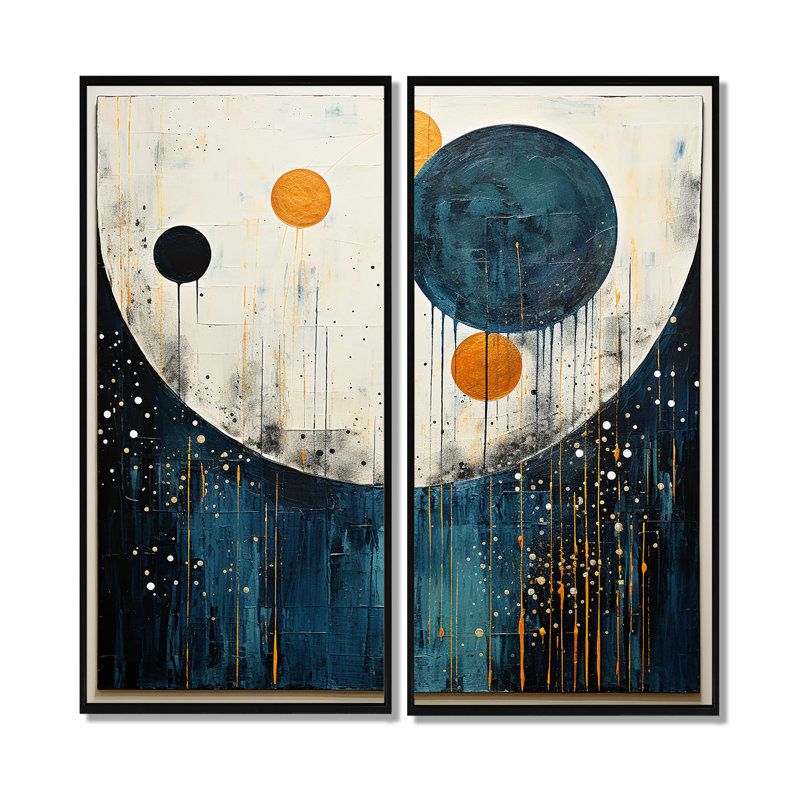 Bleu sarcelle jaune Mid Century Minimalist Rain II - art mural moderne, H 20 po x l 24 po, Impression encadrée flottante