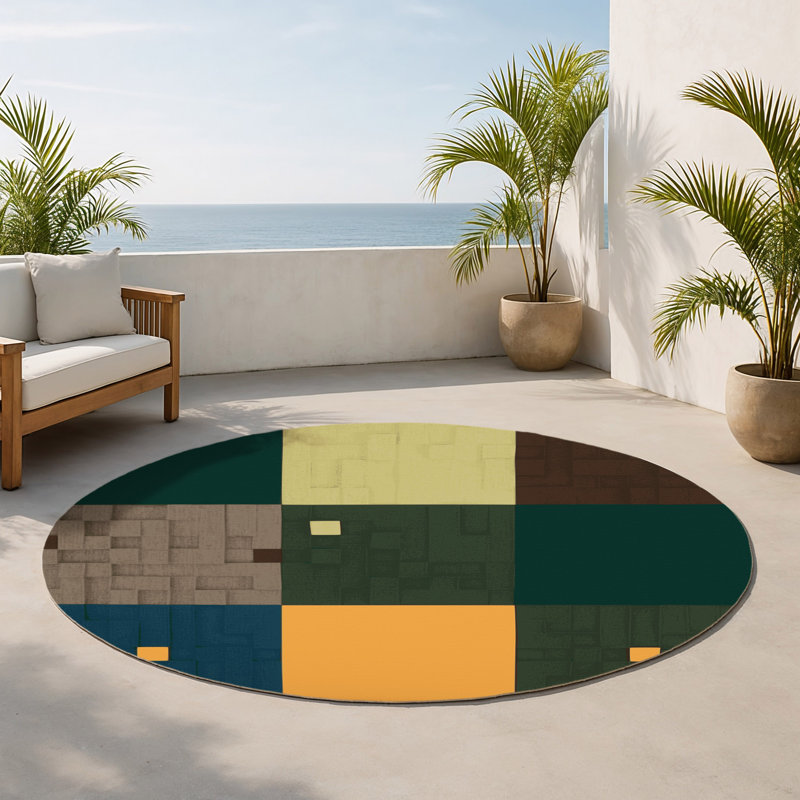Green Grids Indoor And Outdoor Area Rug, Round 5'