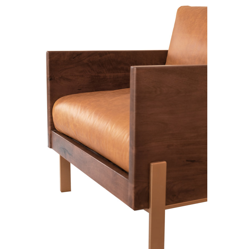 31" Brown Top Grain Leather And Solid Wood Arm Chair