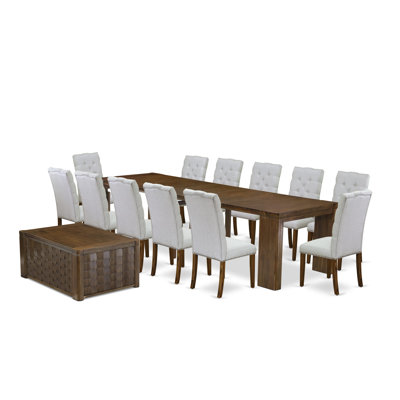 14 Pieces Dining Table Set contains an Extendable Rectangle Kitchen Table, 1 Coffee Table and 12 Dining Chairs, Antique Walnut