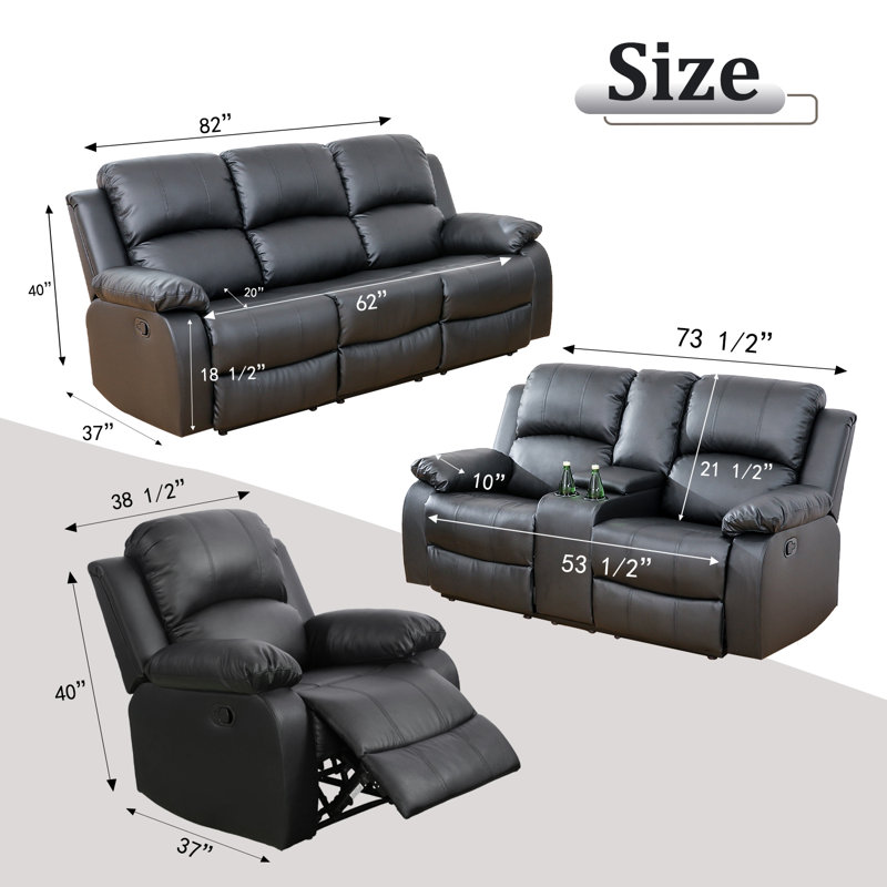 Ensemble de salon inclinable en cuir 3 pièces Vegan, Similicuir noir