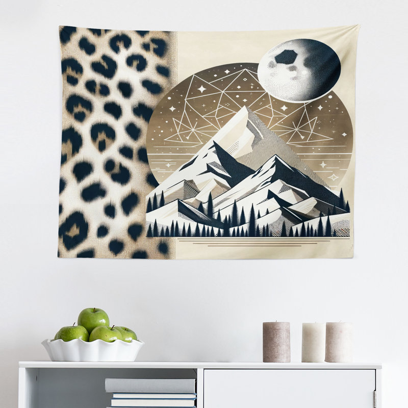 Ebern Designs Wild Mountains Wall Hanging Tapestry Boho Night Leopard Sepia Dark Blue Grey, H 23 po x l 28 po