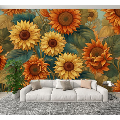 Papier peint pelez et collez, motif floral de tournesol, tons chauds, pétales détaillés, H 100 po x l 144 po, papier peint amovible en PVC, adhésif mural pour chambre à coucher, bureau à domicile