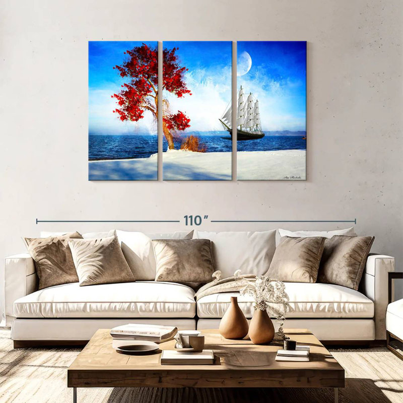 Mehar Red Tree And Ship, 48" H x 74" W