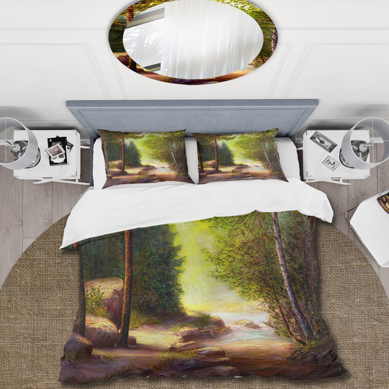 Ensemble de housse de couette Morning Sunlight Through The Spring Trees - Lake House - Microfibre de polyester