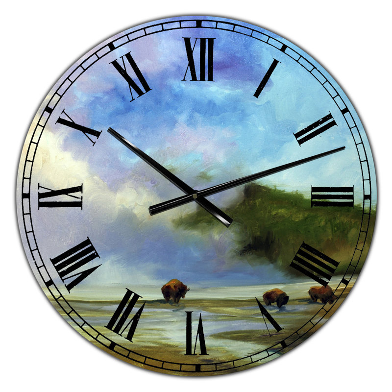 Yellowstone Buffalo Landscape - Large Lake House Wall Clock, Small
