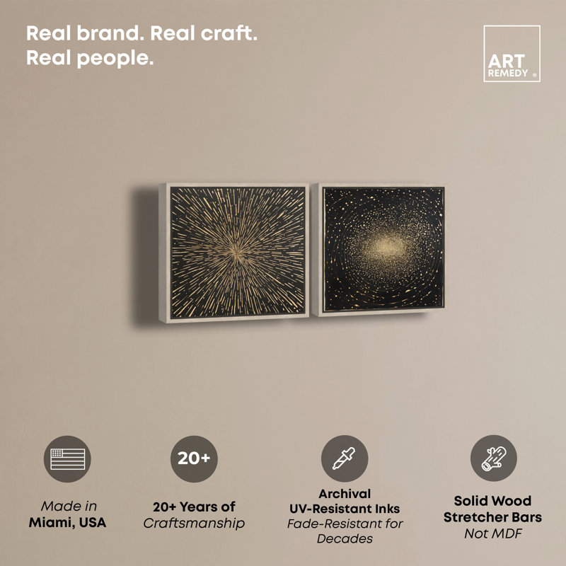 «Primal Golden Vortex Duo», reproduction d'art sur toile par Art Remedy, cadre en chêne naturel, 12 x 12, H 13 po x l 13 po