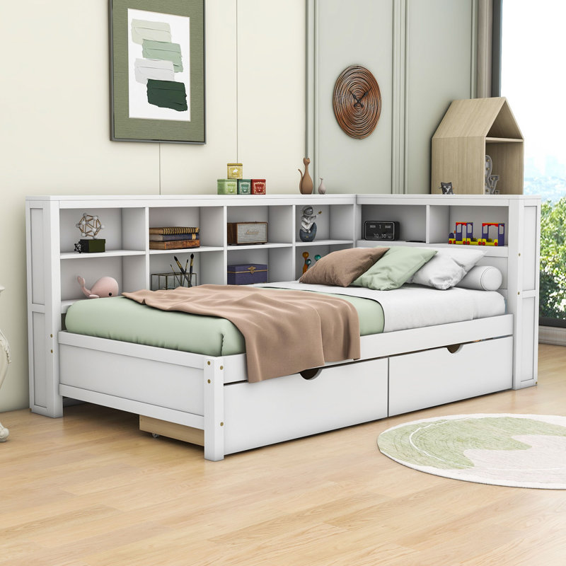 Haileyjo Wood Daybed with 2 Drawers,USB Charging and Shelves, Twin, White