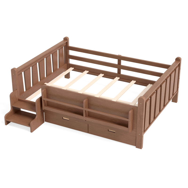 Lit double pleine grandeur avec bibliothèques et tiroirs de rangement, lit en bois massif pour enfants avec de jolis escaliers et garde-corps, aucun sommier nécessaire, naturel