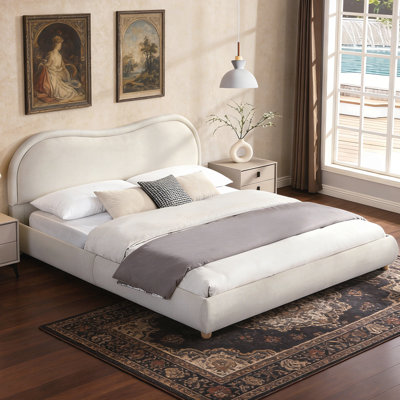 Élégant lit plateforme tapissier en chenille avec tête de lit courbée, lattes en bois et pieds en chêne pour un assemblage facile et un sommeil confortable