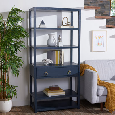 Modern Amelia Etagere Storage Bookcase – Stylish Navy Wood Bookcase with 5 Shelves & Discreet Drawer