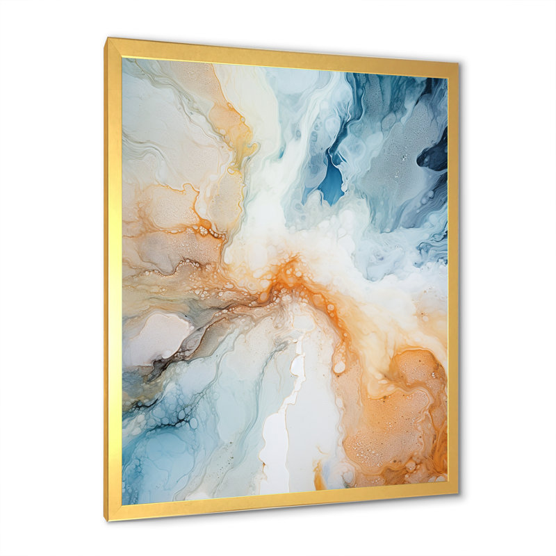 «Blue and White Geyser», encre liquide - formes abstraites, art mural sur toile, Cadre doré simple