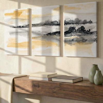 Ensemble exclusif de 3 toiles murales minimalistes blanches, grises et dorées, représentant un paysage, idéal pour le salon, la chambre, le bureau et la maison. Prêtes à être accrochées.