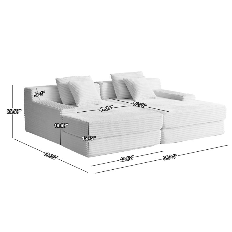 Eliam Oversized Modular Flannel Double Chaise Lounge Chair with 4 Pillows, Pure Foam Filled, No Assembly Required, Green