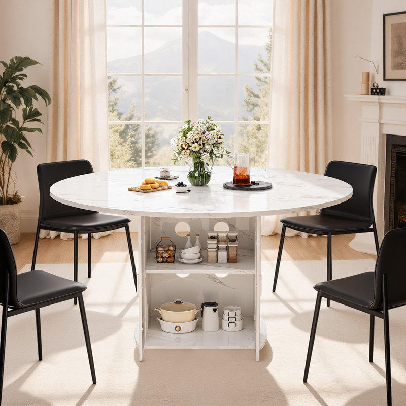47.2" Round Dining Table With Fridge Space, Modern White Faux Marble Kitchen Tables, Wood Dining Room Table With Storage Shelf, Circle Dinner Tables For Home