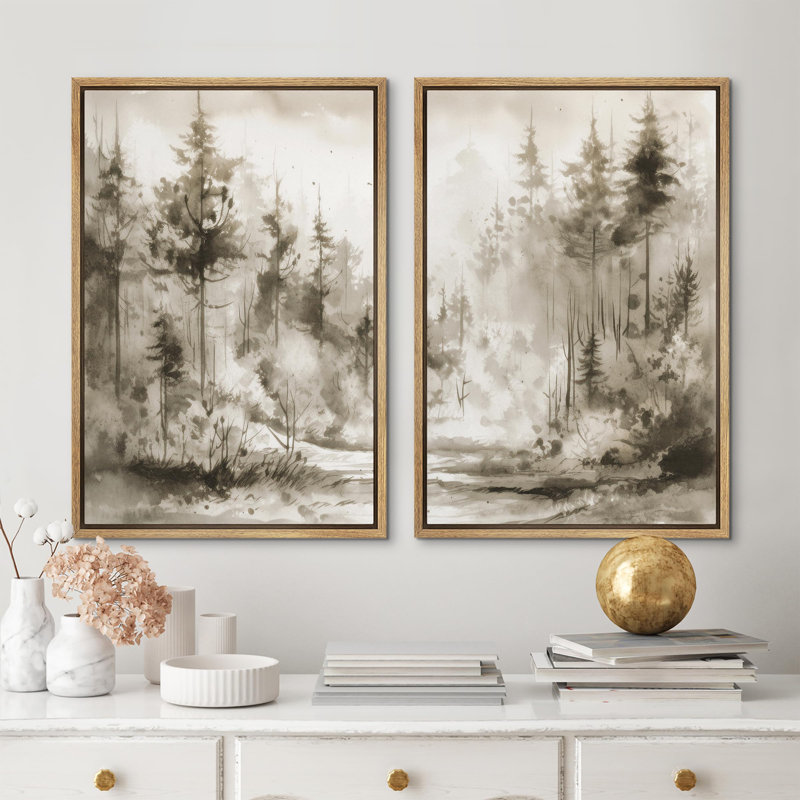 Greenish Tan Pine Tree Forest Abstract Abstract Nature Landscape Modern Art Living Room Decor encadré sur toile, ensemble de 2 pièces
