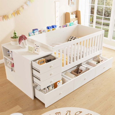 Lit de bébé convertible en lit de jour avec tiroirs, lit de bébé 2 en 1 avec garde-corps en bois massif, table à langer et rangement, compatible avec les matelas pour tout-petits américains (sans matelas)