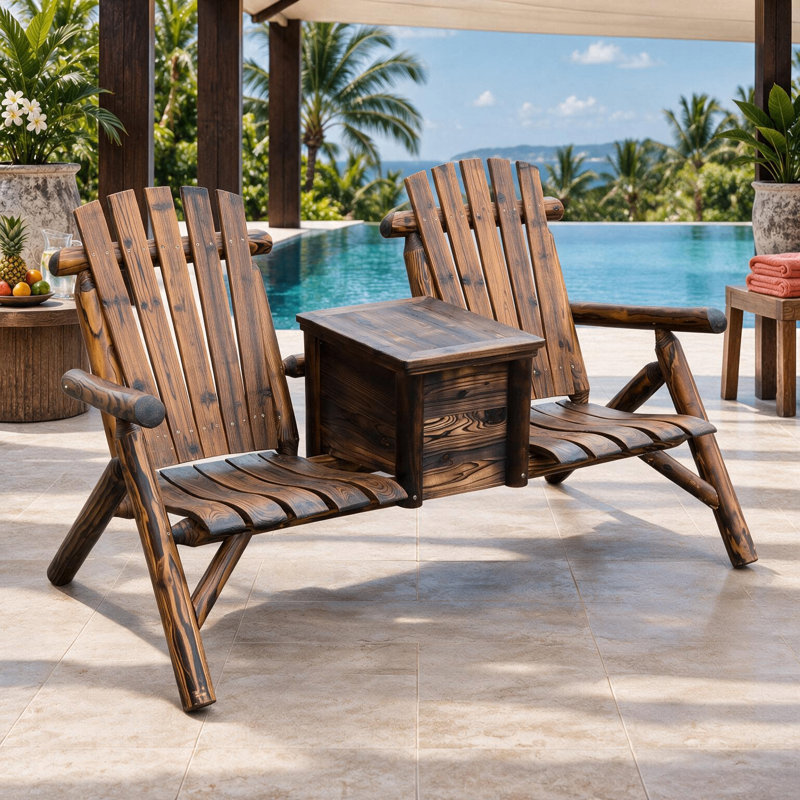 Banc Adirondack double classique à lattes avec table partagée, idéal pour des réunions confortables sur la véranda et dans le jardin.