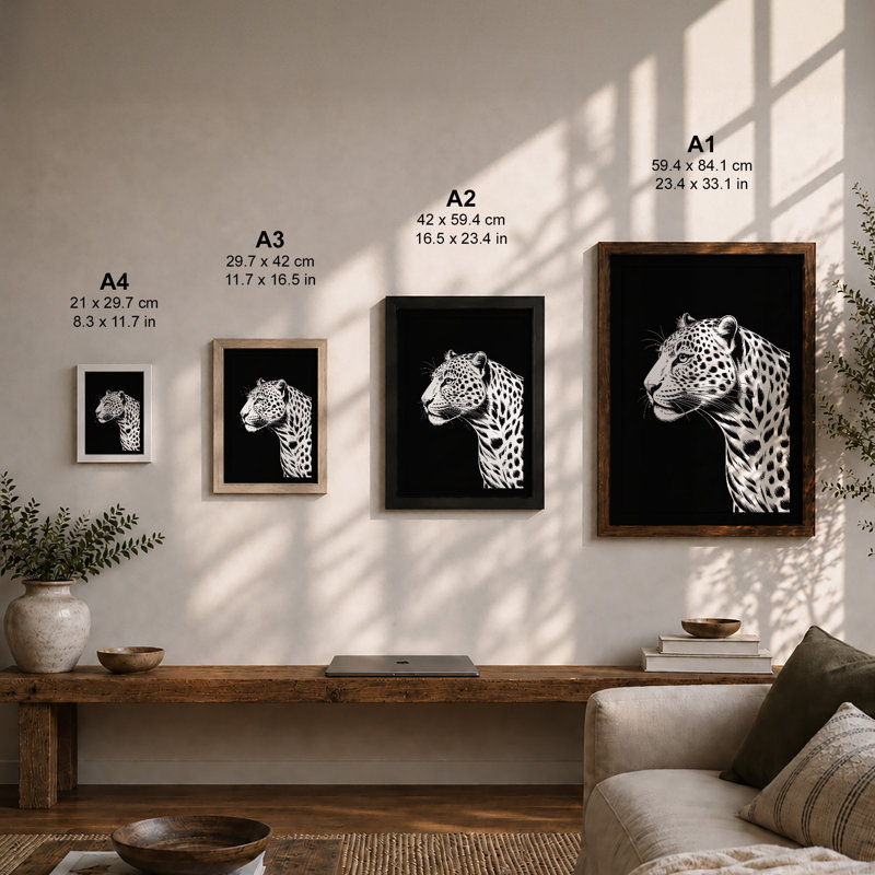 Leopard Profile Modern - Framed Print, A3 - 42.0 x 29.7 cm, White