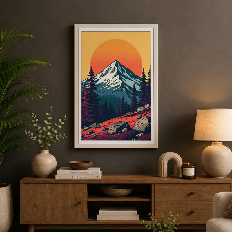 Mountain at Sunrise Retro - Wrapped Canvas, 24x16 - 61.0 x 40.6 cm, Ochre Border