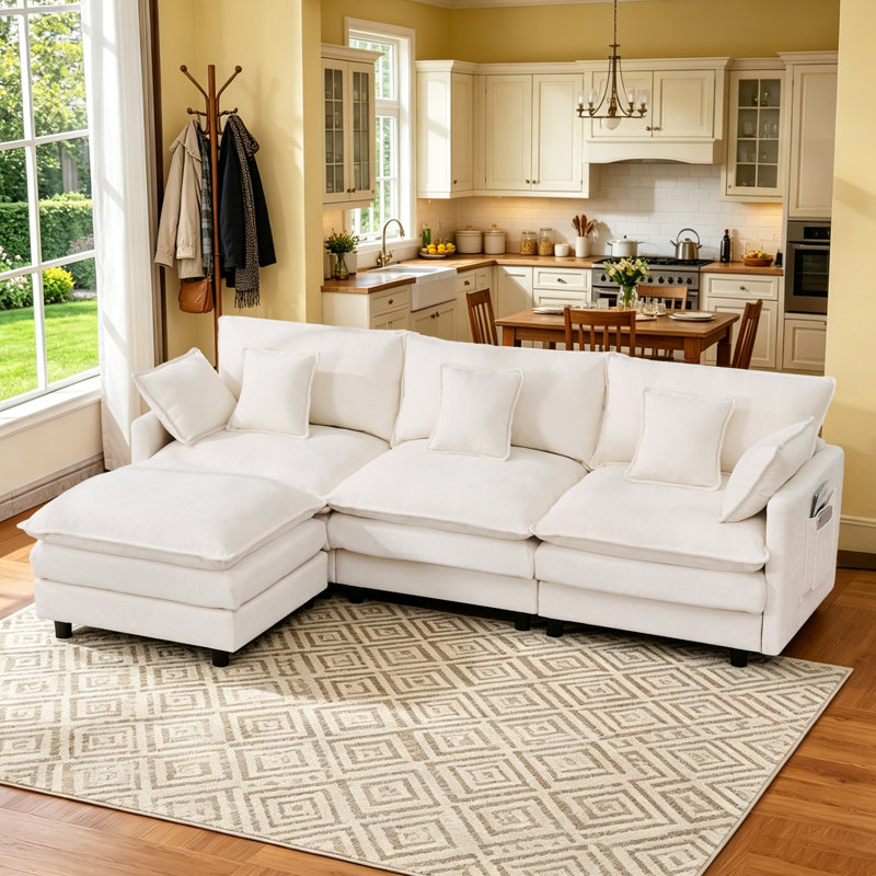 Beige Chenille Modular Sectional Sofa, Double Layer Support Couch with 5 Pillows & Side Storage Pocket,Movable Ottoman, White