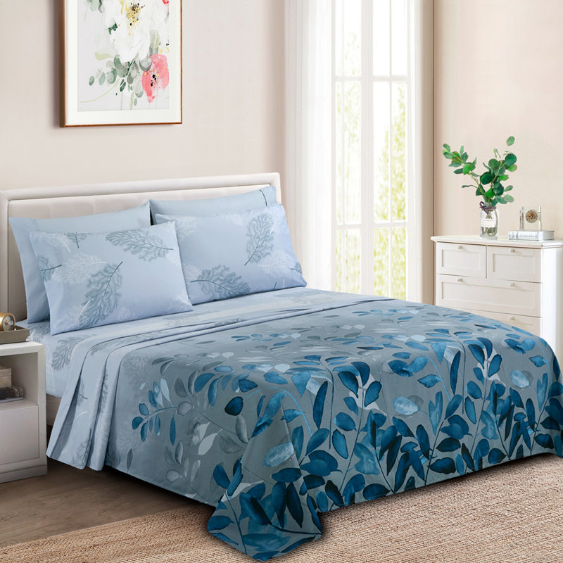 Marina Decoration Home Decor Bedding Bedroom Bedsheet Soft Silky Deep Pocket Rayon from Bamboo All Season 4 Pieces Printed Sheet Set with 2 Pillowcases, Modern Blue Leaf Pattern Twin/Single Size