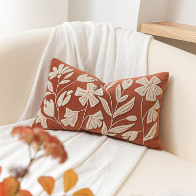 12x20 Inch Terracotta Red Velvet Lumbar Pillow Cover – Floral Embroidery Tufted Farmhouse Decorative Cushion Case for Sofa & Bedroom