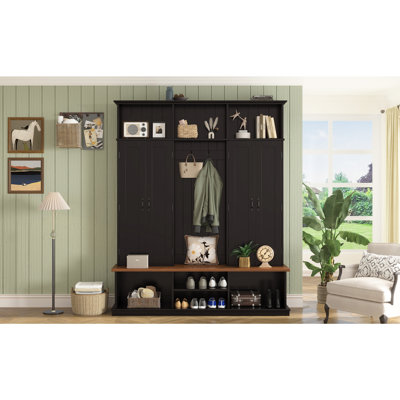 62.2''W Entryway Hall Tree with Bench, 3 Top Cubbies & Bottom Storage Space, Farmhouse Coat Rack with Hooks & Cabinets