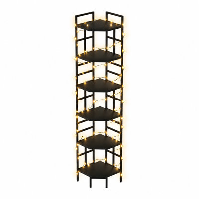 Étagère de coin autoportante à 6 niveaux, présentoir de coin de bibliothèque industriel pour petits espaces salon chambre à coucher