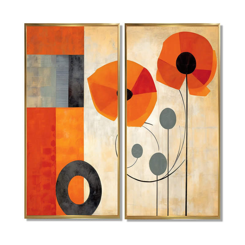 «Bold Orange Cubic Flowers», art mural moderne corail, 20" H x 24" W, Impression encadrée flottante, Gold