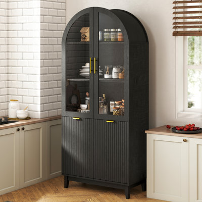 71" Tall Arched Cabinet, Fluted Kitchen Pantry With Glass Doors, Adjustable Shelves