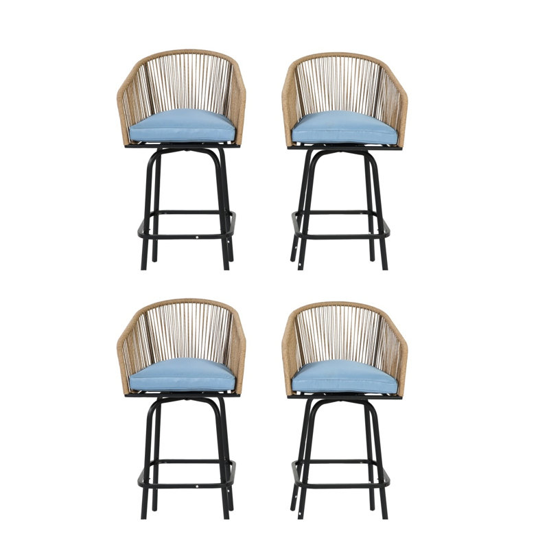 Ensemble de 4 tabourets de bar d'extérieur avec dossier et repose-pieds, sièges de patio en acier bleu