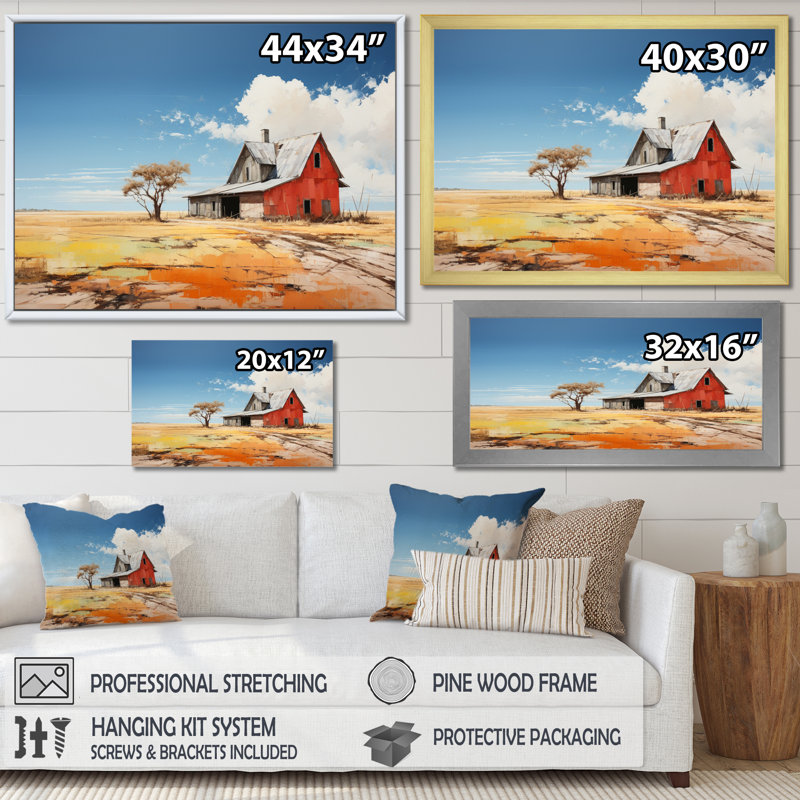 " Landscape Barns Rural Patchwork I ", Wrapped Canvas, 16" H x 32" W x 1" D