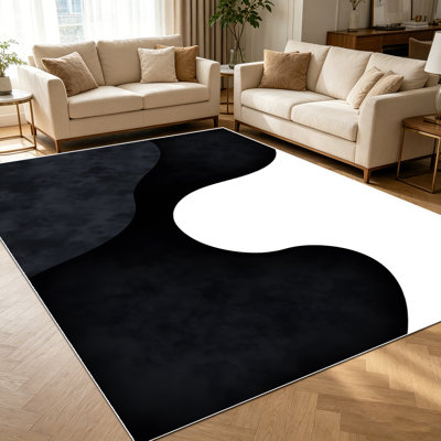 1PC Minimalist Abstract Charcoal Black White Wavy area rugs for Living Room, Soft and Comfortable, Suitable for all seasons, easy-to-maintain, machine washable Indoor floor mat, Under Table Farmhouse suitable for dining room, bedroom, kitchen,